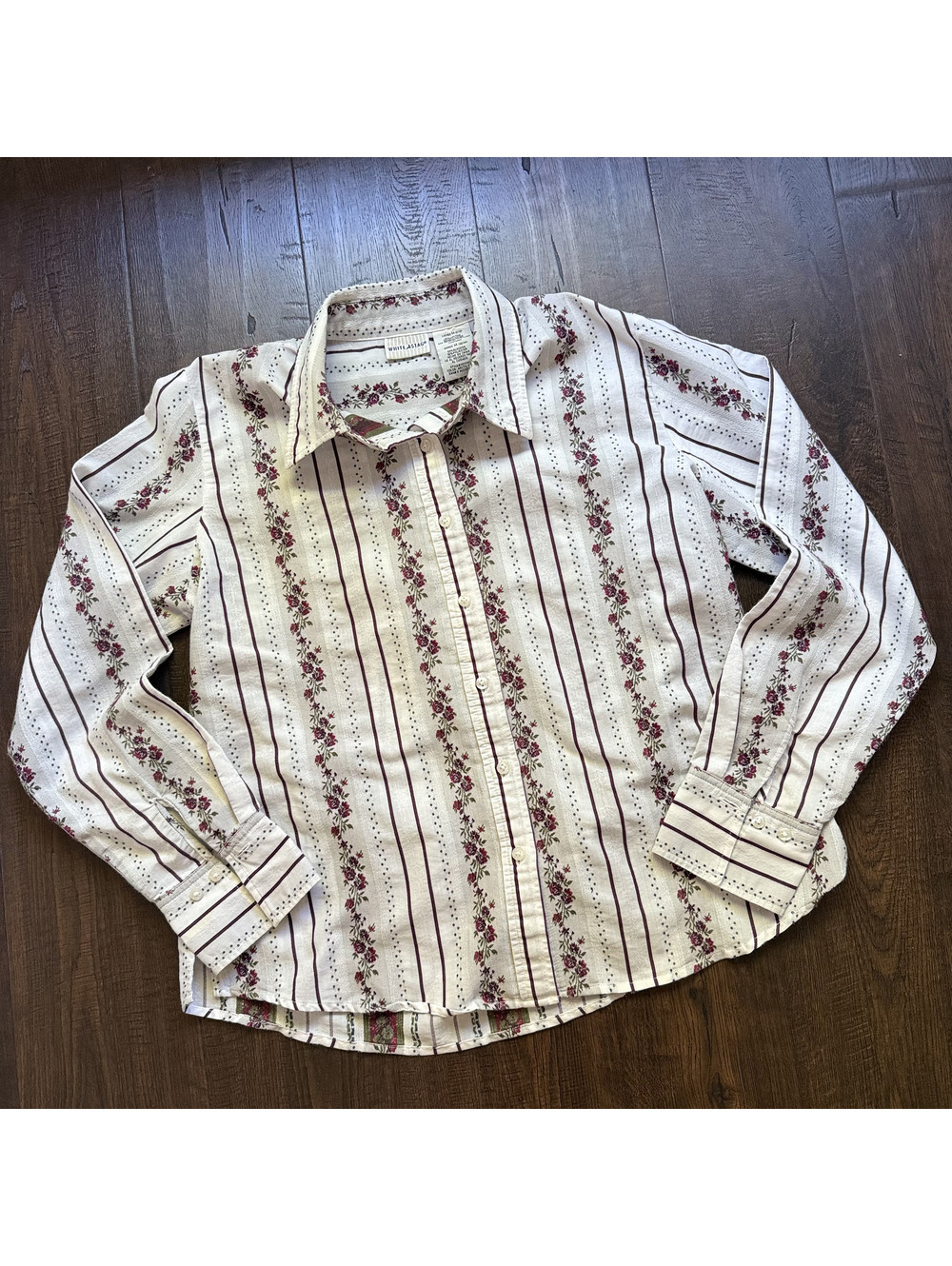 Vintage 90s Y2K White Stag Rose Floral Stripe Button Up Shirt Cottagecore M